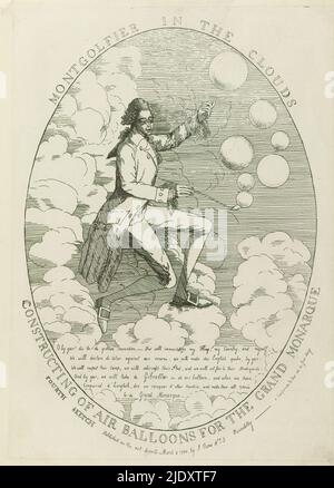 L'uomo che soffia bolle nelle nuvole, Montgolfier nelle nuvole / costruzione di Air Balloons per il Grand Monarque (titolo su oggetto), caricatura su palloncino e uno degli inventori di palloncino, Joseph Michel Montgolfier o Jacques Etienne Montgolfier. Testo in inglese con accento francese nel margine., creatore di stampa: anonimo, editore: Samuel W. Fores, (menzionato sull'oggetto), creatore di stampa: Inghilterra, editore: Londra, 2-Mar-1784, carta, incisione, altezza 349 mm, larghezza 248 mm Foto Stock