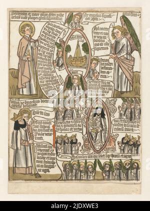 I quattro angeli ai quattro angoli della terra e l'inno dei beati dell'Apocalisse di Giovanni, nella zona superiore di un mandorla due alberi raffigurano la terra e una nave il mare. Circondando il mandorla quattro angeli che tengono le teste dei quattro venti con le mani sopra le loro bocche per frenarli. Sulla destra un altro angelo che istruisce i quattro a lasciare la terra e la terra soli. Sulla sinistra John., tipografo: anonimo, Germania, c. 1460 - c. 1467, carta, altezza 268 mm x larghezza 198 mm Foto Stock