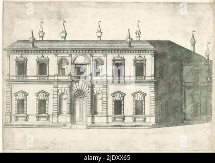 Casinò di Villa Giulia a Roma, Speculum Romanae Magnificentiae (titolo della serie), Vista della facciata del Casinò di Villa Giulia., tipografia: anonimo, dopo disegno di: Bartolomeo Ammanati, (possibilmente), editore: Antonio Lafreri, tipografia: Italia, dopo disegno di: Italia, editore: Roma, 1560 - 1590, carta, incisione, altezza 294 mm x larghezza 415 mm Foto Stock