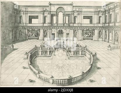 Cortile della Villa Giulia a Roma, Speculum Romanae Magnificentiae (titolo della serie), Vista del cortile della Villa Giulia con ninfeo, monumento dedicato alle ninfe, costruito da Papa Giulio III, al centro., stampatore: anonimo, dopo disegno di: Bartolomeo Ammanati, (possibilmente), editore: Antonio Lafreri, stampatore: Italia, dopo disegno di: Italia, editore: Roma, 1560 - 1590, carta, incisione, altezza 294 mm x larghezza 417 mm Foto Stock