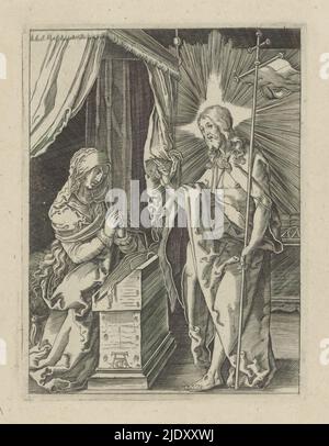Cristo appare a sua madre, la piccola Passione (titolo della serie), Passio Christi AB Alberto Durer Nurenburgensi Effigiata (titolo della serie), il Cristo risorto saluta sua madre Maria, inginocchiata davanti ad un leggio. Print fa parte di un album., Print maker: anonymous, dopo la stampa di: Albrecht Dürer, (menzionato sull'oggetto), editore: Broer Jansz. (Den Haag), l'Aia, 1610-1620, carta, incisione, altezza 130 mm x larghezza 98 mm Foto Stock