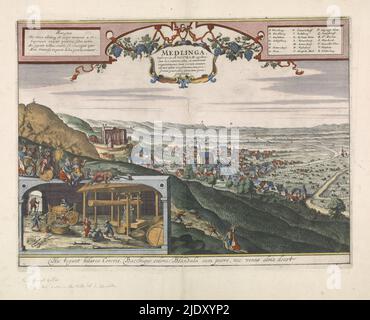 Vista su Medlinga/Mödling, vista su Mödling e dintorni. Inset in basso a sinistra raffigurante le persone al lavoro con una pressa per vino. Carta intestata sul verso. Da 'Civitates Orbis Terrarum', 1572-1680., tipografia: anonymous, dopo la stampa di: Wenceslaus Hollar, editore: Georg Braun, Colonia, 1617, carta, incisione, altezza 360 mm x larghezza 475 mm Foto Stock