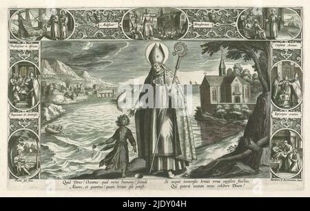 Sant'Agostino e il Bambino, Sant'Agostino ai margini di un lago con vista su una città a sinistra e una chiesa a destra. Alla sua sinistra, un bambino con un cucchiaio raccoglie l'acqua dal lago in un buco nel terreno. Incorniciata da ornamenti e scene della vita di Sant'Agostino. Dal basso a sinistra in basso a destra: Agostino che prega in giardino, Ambrogio che batte Agostino, partenza per l'Africa, Agostino tra i lavoratori, Agostino nel monastero, Agostino consacrato vescovo, Agostino che riceve il Santissimo Sacramento. Con la didascalia: Quid Deus ? ...Mens cohibere Deum?, pri Foto Stock