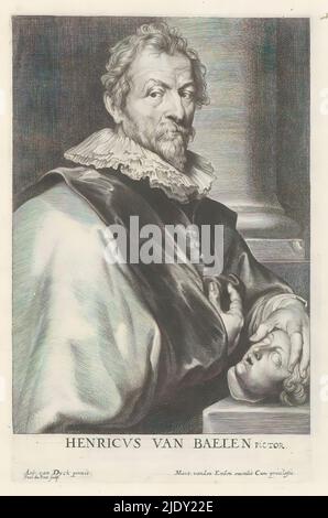 Ritratto del pittore Hendrik van Balen, Icones Principum Vivorum Doctorum Pictorum Chalcographorum Statuariorum nec non Amatorum Pictoriae Artis Numero Centum ab Antonio van Dyck Pictore ad Vivum Expressae Eiusq: Sumpibus aeri incisae (titolo della serie), Iconographie (titolo della serie), questo album è stampato. Paulus Pontius, (menzionato sull'oggetto), dopo la pittura di: Anthony van Dyck, (menzionato sull'oggetto), editore: Gilles Hendricx, Anversa, 1630 - 1641 e/o 1645 - 1646, carta, incisione, altezza 242 mm x larghezza 156 mm Foto Stock