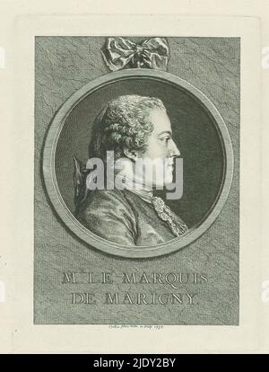 Ritratto di Abel Francesco Poisson, il signor le marquis de Marigny. (Titolo sull'oggetto), tipografo: Charles Nicolas Cochin (II), (menzionato sull'oggetto), dopo disegno proprio di: Charles Nicolas Cochin (II), (menzionato sull'oggetto), Francia, 1757, carta, incisione, incisione, altezza 196 mm x larghezza 144 mm Foto Stock