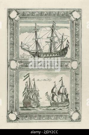 Tre maestri, nave da guerra Olandese / navi Olandesi (titolo sull'oggetto), navi olandesi (titolo della serie), foglio con due rappresentazioni di tre maestri (navi da guerra e fregate) in una cornice ornamentale. Sopra una nave da guerra che naviga in mare. Sotto due fregate che navigano in mare, tipografo: Vicenzo Maria Coronelli, (attribuito a), Italia, 1660 - 1718, carta, altezza 299 mm x larghezza 263 mm x altezza 131 mm x larghezza 175 mm x altezza 134 mm x larghezza 175 mm Foto Stock