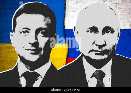 Volodymyr Zelensky, Vladimir Putin, bandiera Ucraina e bandiera russa Foto Stock