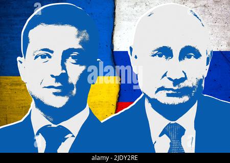 Volodymyr Zelensky, Vladimir Putin, bandiera Ucraina e bandiera russa Foto Stock