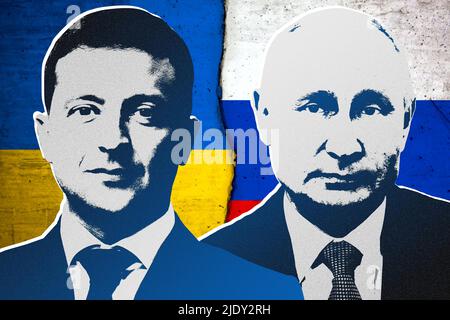 Volodymyr Zelensky, Vladimir Putin, bandiera Ucraina e bandiera russa Foto Stock