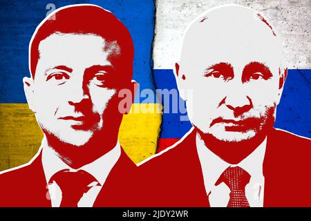 Volodymyr Zelensky, Vladimir Putin, bandiera Ucraina e bandiera russa Foto Stock