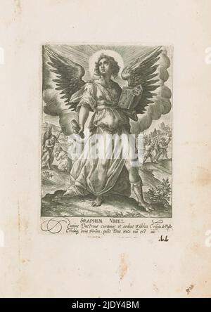 Arcangelo Uriel, Seraphim Uriel (titolo su oggetto), Arcangeli e altri angeli (titolo della serie), Deus Pater ex quo Omnia Angeli (titolo della serie su oggetto), Arcangelo Uriel con libro e fremito o carta arrotolata. A sinistra sullo sfondo, Uriel rimprovera il sacerdote Ezra. Proprio sullo sfondo i due discepoli incontrano Cristo sulla via di Emmaus. Parte di una serie di dodici raffigurazioni di arcangeli e altri angeli in questo album. Parte di un album di raffigurazioni principalmente cristiane., tipografia: Crispijn van de Passe (i), dopo il proprio disegno di: Crispijn van de Passe (i), (m Foto Stock