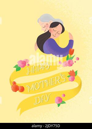 Tessera Vector Celebration Festa della mamma felice con testo rimovibile in banner. Sorridente figlia di una giovane donna che abbraccia la sua vecchia madre. Illustrazione Vettoriale
