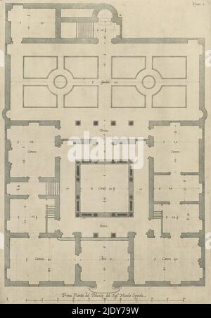 Mappa del primo piano del Palazzo Doria di Genova, prima pianta del Palazzo del sigr. Nicolaes Ryckmans, editore: Peter Paul Rubens, Spaanse kroon, Antwerp, 1622, paper, incisione, altezza 379 mm x larghezza 260 mm, altezza 583 mm x larghezza 435 mm Foto Stock