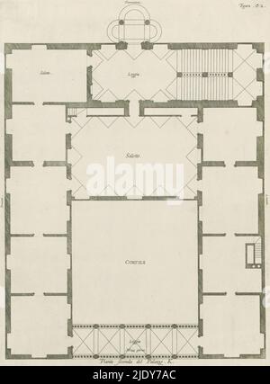 Pianta del secondo piano del Palazzo Lercari-Parodi a Genova, Pianta seconda del Palazzo. K (titolo su oggetto), questa stampa fa parte di un album., Print maker: Nicolaes Ryckmans, editore: Peter Paul Rubens, Spaanse kroon, Antwerp, 1622, paper, incisione, altezza 340 mm x larghezza 251 mm, altezza 583 mm x larghezza 435 mm Foto Stock