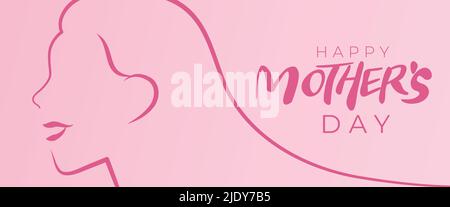 Felice festa della mamma banner sfondo con testo. Faccia del profilo di una donna sorridente disegnata con linee. Linea minimalista profilo donna. Illustrazione Vettoriale