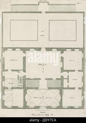 Pianta del primo piano del Palazzo Carrega-Cataldi a Genova, Pianta seconda del Palazzo. A. (titolo su oggetto), questa stampa fa parte di un album., creatore di stampa: Nicolaes Ryckmans, editore: Peter Paul Rubens, Spaanse kroon, Antwerp, 1622, carta, incisione, altezza 362 mm x larghezza 255 mm, altezza 583 mm x larghezza 435 mm Foto Stock