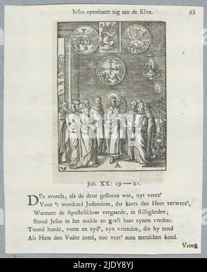 Cristo predice la venuta dello Spirito Santo, Cristo appare agli apostoli, Gesù rivela zig all'anziano (titolo sull'oggetto), Cristo sta tra i suoi discepoli e racconta loro la venuta dello Spirito Santo, il culto della croce, la sua ascensione e l'espulsione del diavolo. Usato qui come una rappresentazione di Cristo apparso agli apostoli, dopo la sua risurrezione. Ci sono lettere vicino a vari elementi della rappresentazione. Sopra l'immagine è presente un titolo. Di seguito sono riportati sei versi e un riferimento a Giovanni 20: 19-21. La stampa fa parte di un album., stampatore: Christoffel van Sichem (II), (Men Foto Stock