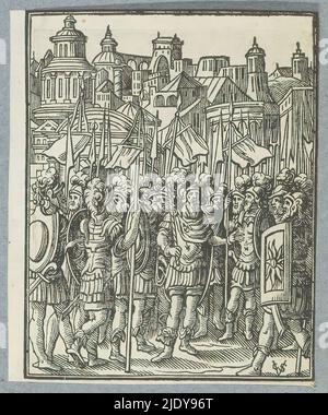 Guerrieri prima di una città, Alarm in Giudea e Gerusalemme, soldati prima di una città. Forse qui inteso come una rappresentazione degli Israeliti che si preparano ad un attacco da parte di Holofernes, il comandante in capo di Nebucadnetsar, re degli Assiri. La stampa fa parte di un album., stampatore: Christoffel van Sichem (II), (menzionato sull'oggetto), stampatore: Christoffel van Sichem (III), (menzionato sull'oggetto), editore: Pieter Jacobsz. Paets, Amsterdam, 1645 - 1646, carta, altezza 112 mm x larghezza 88 mm Foto Stock
