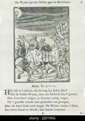 Tre re in cammino verso Betlemme, De wysen uyt het oosten gaan na Betlemme (titolo sull'oggetto), tre re a cavallo seguono la stella verso Betlemme. Sopra l'immagine è presente un titolo. Di seguito sono riportati sei versi e un riferimento a Matteo 2: 9-11. La stampa fa parte di un album., tipografia: Christoffel van Sichem (II), tipografia: Christoffel van Sichem (III), editore: Jan Klooster, Amsterdam, 1629 - 1648 e/o 1740, carta, tipografia, altezza 109 mm x larghezza 80 mm, altezza 169 mm x larghezza 134 mm Foto Stock