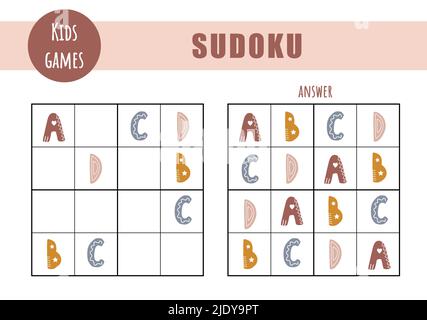 Sudoku per bambini. Foglio attività per bambini. Gioco di puzzle con lettere boho. Concetto di istruzione e tempo libero. Illustrazione vettoriale in stile cartoon piatto Illustrazione Vettoriale