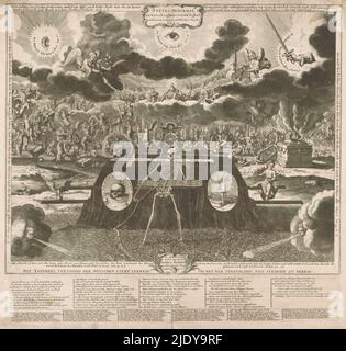 Allegoria della transence, allegoria della transence con la morte come riaper con lo scythe. Morte di fronte a una bara su una barella con un orologio in cima. Sullo sfondo il Giudizio universale. Al centro in cima al cielo l'occhio di Dio, a sinistra l'orecchio di Dio e a destra la mano destra di Dio con una spada. Nella rappresentazione molti riferimenti a testi biblici. Con legenda stampata da piastra separata con spiegazioni in olandese e tedesco., tipografo: Pieter Schenk (i), (attribuito a), dopo disegno proprio di: Pieter Schenk (i), (attribuito a), editore: Pieter Foto Stock