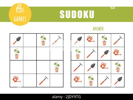 Sudoku per bambini. Foglio attività per bambini. Gioco di puzzle con attrezzi da giardino. Concetto di istruzione e tempo libero. Illustrazione vettoriale in stile cartoon piatto Illustrazione Vettoriale