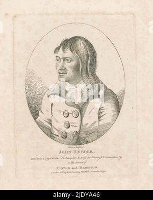 Ritratto di John Reeder, libraio a Lewes e Brighton, John Reeder. Libraio, scrittore di segno ((...)) di Lewes e Brighton (titolo sull'oggetto), creatore di stampa: anonimo, dopo disegno da: James Nixon, (menzionato sull'oggetto), editore: Edward Harding (1776-1796), (menzionato sull'oggetto), Londra, dic-1792, carta, incisione, altezza 187 mm, larghezza 138 mm Foto Stock