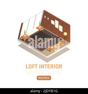 Moderno appartamento loft interno con finestra in vetro parete letto king size lampada pavimento vista isometrica illustrazione vettoriale Illustrazione Vettoriale