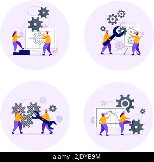 Icone tecniche del concetto impostate con simboli di pianificazione del progetto illustrazione vettoriale piatta e isolata Illustrazione Vettoriale