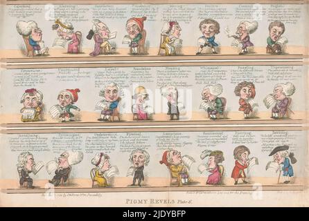 Ventiquattro caricature di uomini e donne che leggono il giornale, Pigmy revels (titolo della serie sull'oggetto), tipografo: F. Sansom, (menzionato sull'oggetto), dopo disegno da: George Moutard Woodward, editore: Samuel W. Fores, (menzionato sull'oggetto), Londra, Gen-1801, carta, incisione, altezza 347 mm x larghezza 518 mm Foto Stock