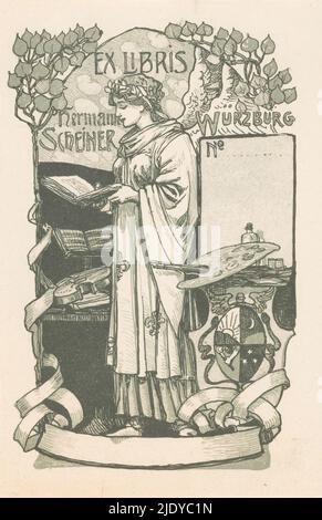 Ex libris di Hermann Scheiner, Muse con le ali e un libro in mano. Accanto a lei un violino, spartiti musicali e una tavolozza di un pittore. Sotto destra, uno stemma., tipografo: anonimo, c. 1920, carta, altezza 138 mm x larghezza 84 mm Foto Stock