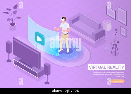 Landing page isometrica della realtà aumentata virtuale con l'uomo nel visore immerso nell'esperienza di intrattenimento vr illustrazione vettoriale Illustrazione Vettoriale