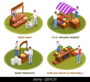 Mercato agricolo 4 composizioni isometriche con prodotti lattiero-caseari biologici freschi locali carne frutta verdura bancarelle illustrazione vettoriale Illustrazione Vettoriale