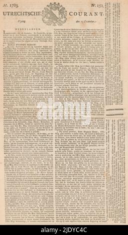 Numero del Courant Utrechtsche, 19 dicembre 1783, sopra lo stemma di Utrecht., editore: G. Nieuwenhuis, (menzionato sull'oggetto), Utrecht, 19-dic-1783, carta, stampa tipografica, altezza 411 mm x larghezza 255 mm Foto Stock