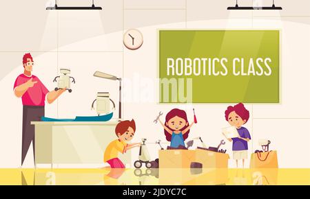 Corso di robotica con bambini piccoli che creano giocattoli robotici sotto la guida di illustrazione vettoriale dell'insegnante Illustrazione Vettoriale