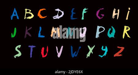 Alfabeto vettoriale a colori. Set di font calligraphy a pennello disegnato a mano su sfondo nero. Grunge pennello texture alfabeto luminoso. Aneto angosciato. Te moderno Illustrazione Vettoriale