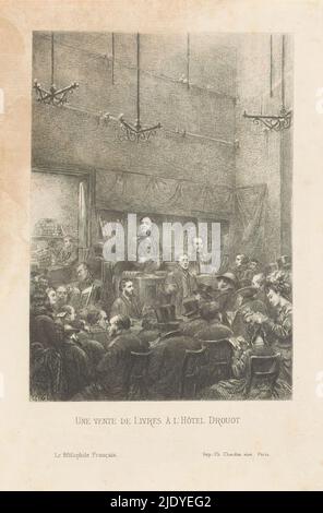 Asta di libri all'Hotel Drouot, une vent de livres à l'Hôtel Drouot (titolo sull'oggetto), interno della sala d'asta, gli acquirenti seduti su sedie o in piedi nella stanza. Al centro il banditore su una piattaforma, alla sua destra un uomo tiene aperto un libro per alcune persone interessate., tipografo: Piere Gustave Eugene Staal, (menzionato sull'oggetto), stampatore: Charles Chardon aîné, (menzionato sull'oggetto), editore: Imprimerie Bachelin-Deflorenne, Parigi, 1862 - 1874, carta, incisione Foto Stock