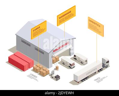 Composizione isometrica con istruttore per carrelli di consegna e contenitori vicino all'ingresso del magazzino 3D illustrazione vettoriale Illustrazione Vettoriale