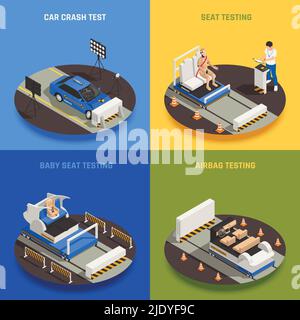 Crash test sicurezza auto isometrica 2x2 design concept con testo e immagini che rappresentano diverse procedure di test illustrazione vettoriale Illustrazione Vettoriale