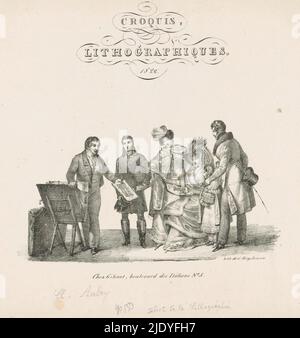 Azienda che guarda le stampe, Croquis litografhiques (titolo sull'oggetto), tre uomini, due donne e un bambino che guarda le stampe prese da un portafoglio., tipografo: Charles Aubry, (menzionato sull'oggetto), stampatore: Gottfried Engelmann, (menzionato sull'oggetto), editore: Ghaut frères, (Menzionato sull'oggetto), Parigi, 1822, carta, altezza 253 mm x larghezza 337 mm Foto Stock