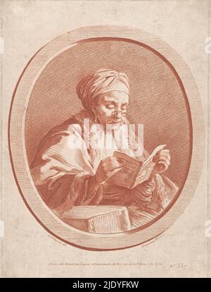 Vecchia donna che legge una lettera, la donna indossa un copricapo e un mantello rifinito di pelliccia, sul naso un ligneto. Numerato in basso a destra: No. 337., stampatore: Gilles Demarteau, (menzionato sull'oggetto), dopo disegno di: Jean Baptist Leprince, (menzionato sull'oggetto), editore: Gilles Demarteau, (menzionato sull'oggetto), Parigi, 1744 - 1776, carta, altezza 317 mm x larghezza 228 mm Foto Stock