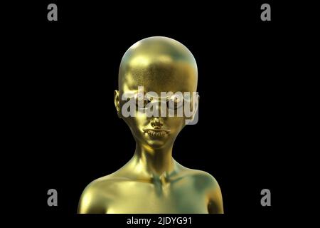 Umanoide alieno calvo dorato su sfondo nero. 3d illustrazione. Foto Stock