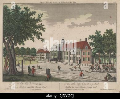 Vista di Paleis Huis dieci Bosch con l'Oranjezaal a l'Aia, Vue de la Maison appellée Oranie Zaal / Gesigt, van het Huys de Oranje Zaal (...) Gesicht des Lust-Hauses Oranje Zaal (titolo sull'oggetto), tipografo: Isaac van Haastert, (menzionato sull'oggetto), editore: Georg Balthasar Probst, (menzionato sull'oggetto), Jozef II (Duits keizer), (menzionato sull'oggetto), tipografo: Delft, editore: Augsburg, Germania, c. 1760 - c. 1800, carta, incisione, altezza 313 mm x larghezza 428 mm Foto Stock