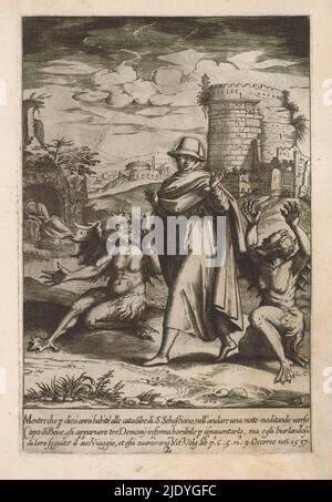 Filippo Neri cade da asino e accompagna San Germano a Roma, vita di San Filippo Neri (titolo della serie), due scene dell'infanzia di Filippo Neri. Da ragazzo cade da asino ed è protetto da Dio (1522), da diciotto anni va a Roma con San Germano (1531-1532). 1 in una serie di 44 stampe raffiguranti scene della vita di San Filippo Neri., tipografo: Luca Ciamberlano, dopo disegno di: Jacques Stella, Roma, 1630 - 1641, carta, incisione, altezza 228 mm x larghezza 150 mm Foto Stock