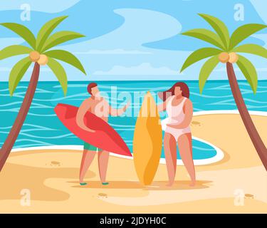 Composizione di concetto di festa estiva con immagini di paesaggio tropicale di palme sulla spiaggia con persone e tavole da surf illustrazione vettoriale Illustrazione Vettoriale