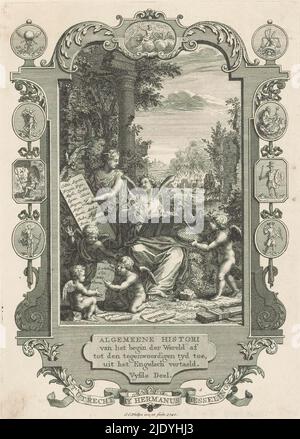 Cartouche con allegoria sulla storia dei Greci, Title page for: Kornelis Westerbaen, Algemeene hori, 1740, Storia in conversazione con una donna, che punta a un foglio di carta che mostra tutti i tipi di città greche. Sullo sfondo Enea salvando suo padre Anchises da Troia bruciante. Nell'ambito delle medaglioni cartouche con divinità dell'Olimpo., tipografia: Jan Caspar Philips, (menzionato sull'oggetto), dopo disegno proprio di: Jan Caspar Philips, (menzionato sull'oggetto), editore: Hermanus Besseling, (menzionato sull'oggetto), Utrecht, 1740, carta, incisione, incisione, altezza 170 mm x larghezza 1 Foto Stock