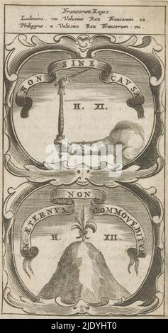 Braccio reale con scettro e spada / Giglio francese su una montagna, non Sine causa / in Aeternum non Commovebitur (titolo sull'oggetto), Symbola Divina et Humana Pontificum Imperatorum Regum (titolo della serie), emblema con due rappresentazioni. Sopra un braccio vestito in manica con giglio francese. Il braccio reale tiene uno scettro. Lo scettro tiene una spada. Sotto un monte su cui è un giglio francese. Questi sono la valuta di re Luigi II e Filippo II di Francia., tipografo: anonimo, dopo stampa da: Aegidius Sadeler (II), 1666, carta, incisione, stampa della tipografia, altezza 123 mm x larghezza 67 mm Foto Stock