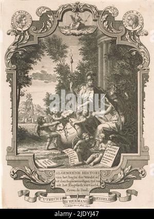 Cartouche con allegoria della storia della Grecia, Title page for: Kornelis Westerbaen, Algemeene hori, 1742, un paesaggio con il Colosso di Rodi sullo sfondo e in primo piano diverse figure vicino ad un globo, da cui parti sono prese da tre putti. Sulla destra, Minerva si trova accanto alla storia della scrittura. Sul terreno ci sono due putti con tavoletta e carta con aree greche., tipografo: Jan Caspar Philips, (menzionato sull'oggetto), dopo disegno proprio di: Jan Caspar Philips, (menzionato sull'oggetto), editore: Hermanus Besseling, (menzionato sull'oggetto), Utrecht, 1742, carta, incisione, e Foto Stock