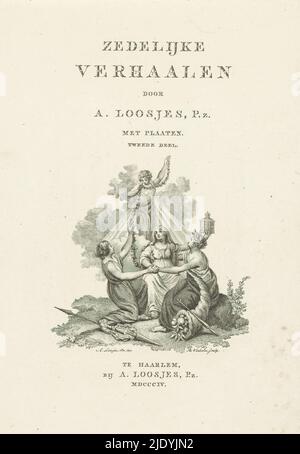 Allegoria con quattro donne, Title page per: Adriaan Pietersz. Loosjes, Zedelijke Verhaalen, 1804-1805, le personificazioni di religione, virtù e felicità si abbracciano a vicenda. Essi sono illuminati dalla verità sopra di loro. La verità collega il trio con una ghirlanda come simbolo di gioia., tipografo: Reinier Vinkeles (i), (menzionato sull'oggetto), dopo disegno da: Adriaan Pietersz. Loosjes, (menzionato sull'oggetto), editore: Adriaan Pietersz. Loosjes, (menzionato sull'oggetto), Haarlem, 1804 e/o 1804 - 1805, carta, incisione, incisione, incisione, altezza 238 mm x larghezza 151 mm Foto Stock