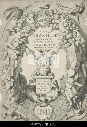 Stemma del Brasile in cornice con stemma e monogramma di Johan Maurits Conte di Nassau-Siegen, Res Brasiliae imperante illust.mo comite I. Mauritio. Nassoviae ecc. comite (titolo su oggetto), pagina del titolo per: Caspar Barlaeus, Rerum per octennium in Brasilia et alibi nuper gestarum sub praefectura J. Mauritii, Nassoviae, 1647, lo stemma del Brasile circondato da una cornice di frutta e verdura, stemmi e putti. In cima lo stemma di Johan Maurits, conte di Nassau-Siegen, in fondo il suo monogramma., stampatore: Jan van Bosterhuyzen, (possibilmente), editore: Johannes Foto Stock